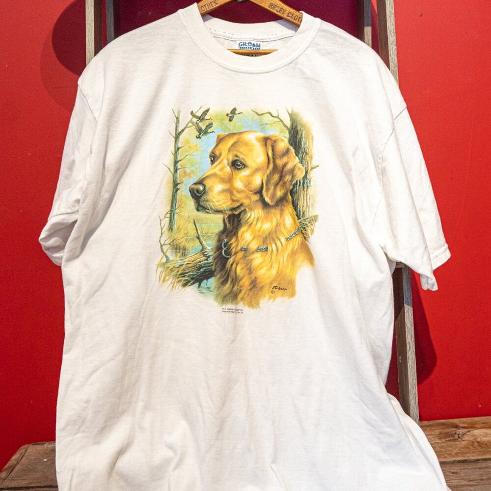 Vintage Golden Retriever T-Shirt, White, J. Gibson Artwork, XL Gildan Activewear